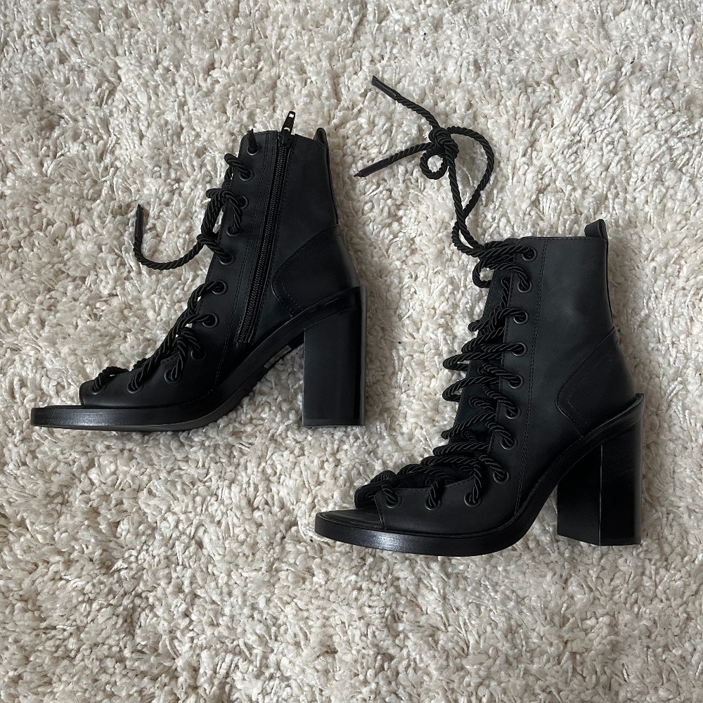 Black leather Ann Demeulemeester lace-up heeled sandals size 37.5